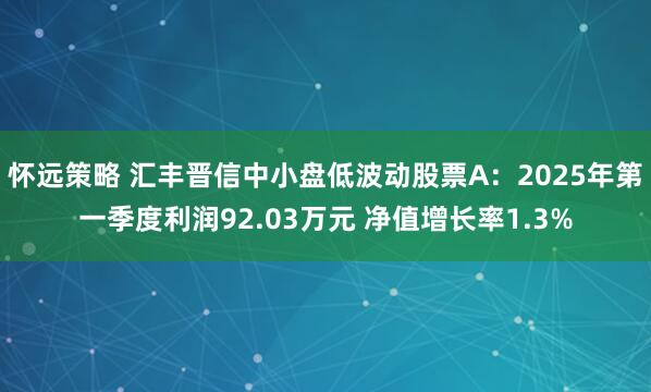 怀远策略 汇丰晋信中小盘低波动股票A：2025年第一季度利润92.03万元 净值增长率1.3%